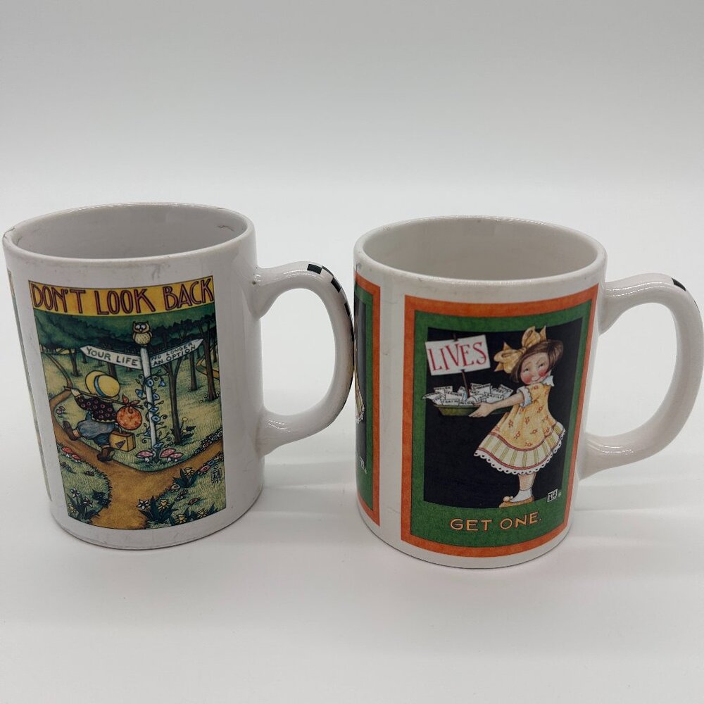 Vintage Mary Engelbreit Mug LOT OF 2 Don't Look - Back Lives Get One - Taiwan